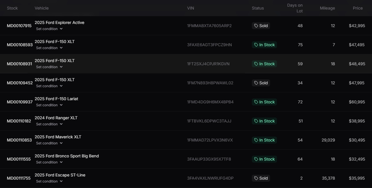 Sovereign Lot screen, dark theme