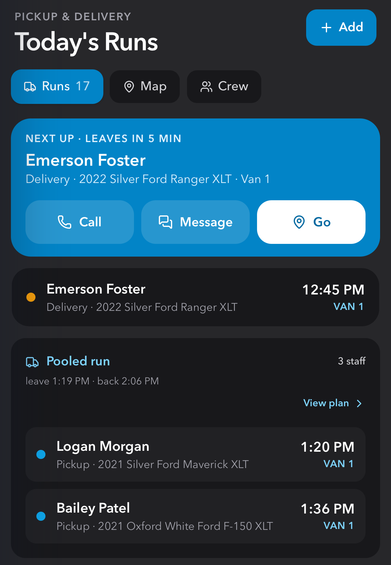Pickup and delivery runs on a phone